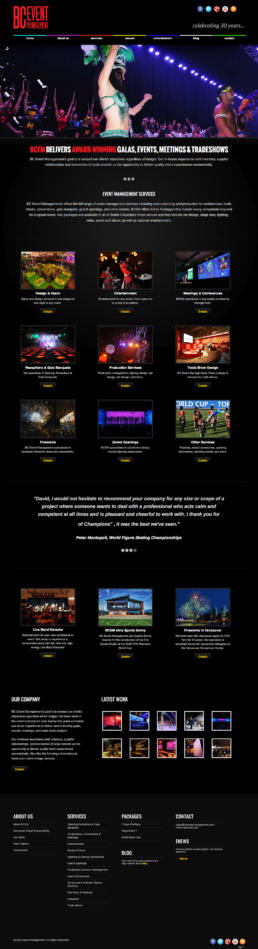 BC Event Management home page layout
